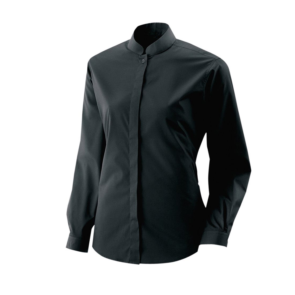 Damen-Barbluse mit langarm,verdeckte Knopfleiste mit Stehkragen,leicht Tailliert.