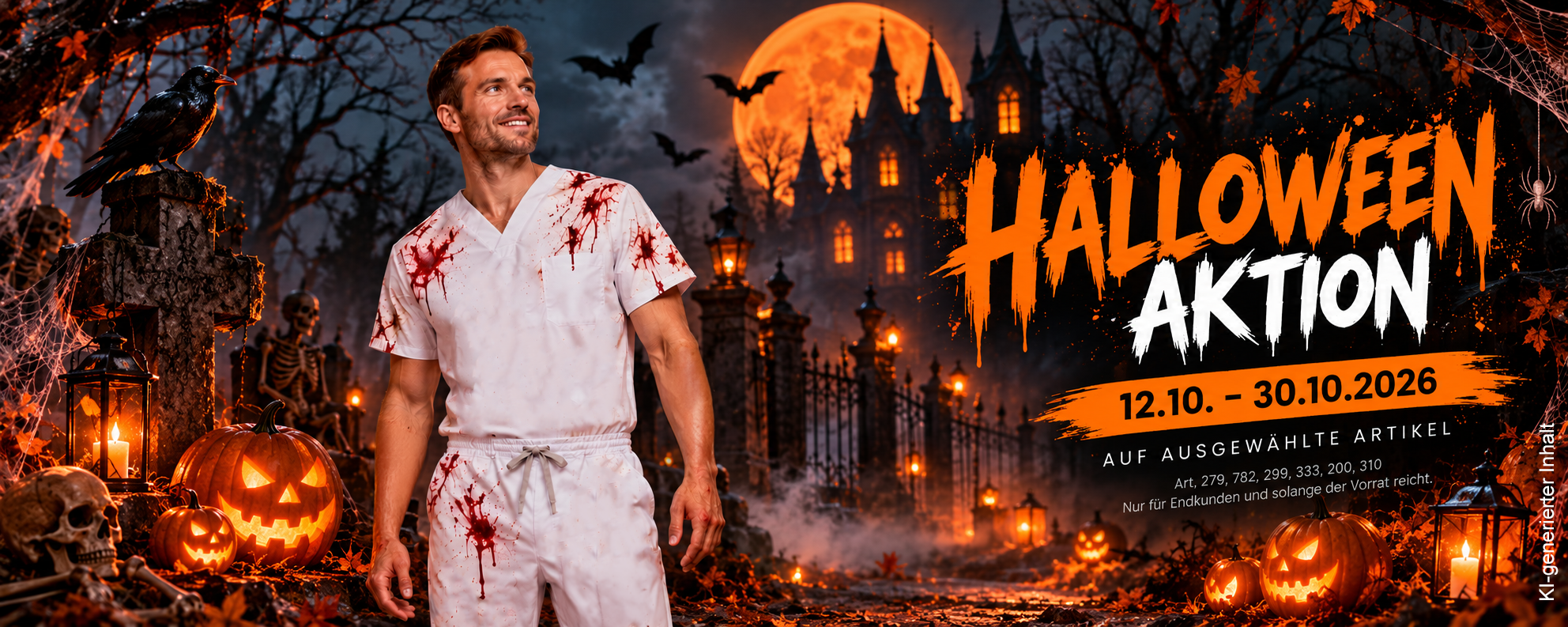 Halloween-Aktion bei EXNER Fashion vom 12.10. bis 30.10.2026 auf ausgewählte Berufsbekleidung. Model im weißen Kasack und weißer Hose vor gruseliger Halloween-Kulisse mit Kürbissen, Fledermäusen und Vollmond.