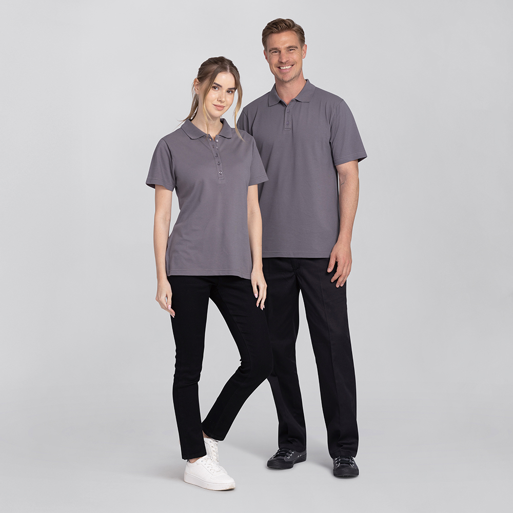 Komplettansicht Damen-poloshirt Knopfleiste mit 5 gleichfarbigen Knöpfen,Kurz-Arm