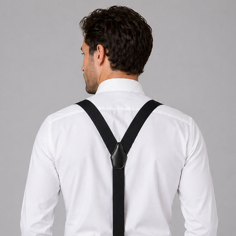 exner hosenträger in schwarz Mit Clip und Lederhalterung für Knöpfe.