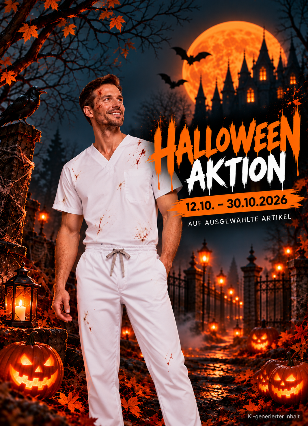 Halloween-Aktion bei EXNER Fashion vom 12.10. bis 30.10.2026 auf ausgewählte Berufsbekleidung. Model im weißen Kasack und weißer Hose vor gruseliger Halloween-Kulisse mit Kürbissen, Fledermäusen und Vollmond.