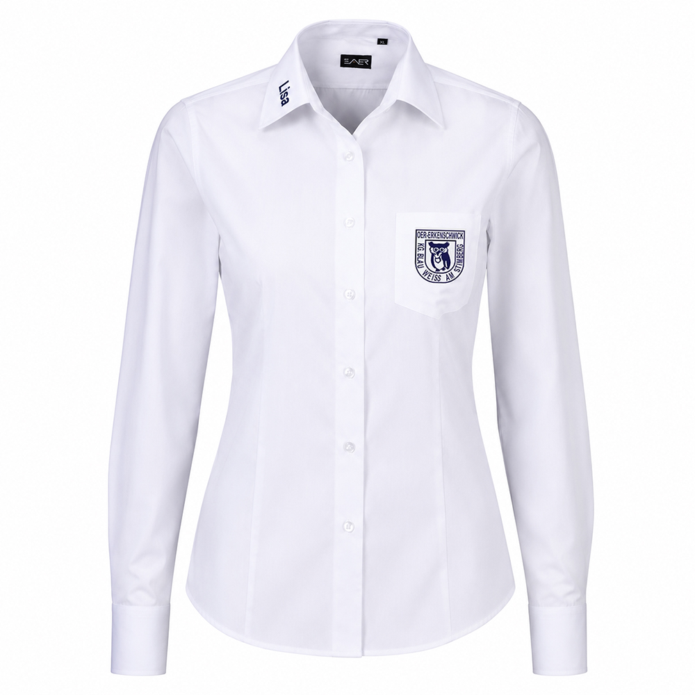 Damen Bluse weiß langarm mit Namen- und Logostick