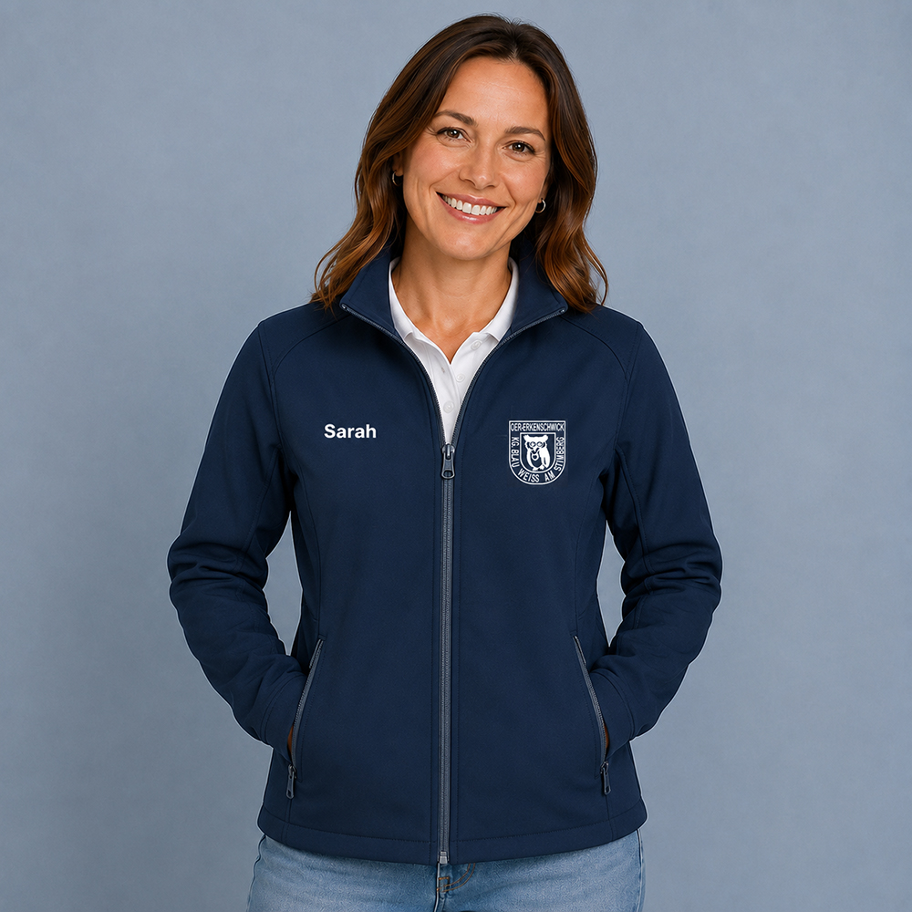 Damen Softshelljacke navy mit Namens- und Logodruck