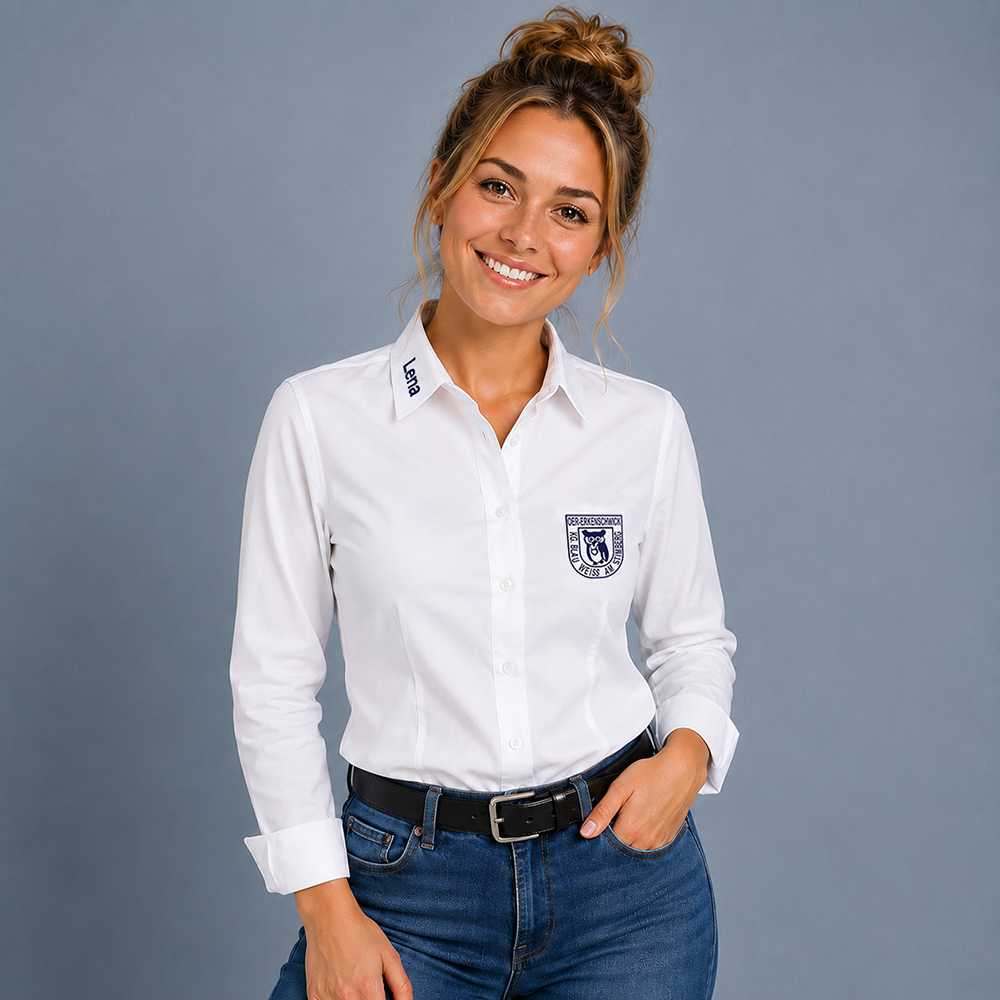 Damen Bluse weiß langarm mit Namen- und Logostick