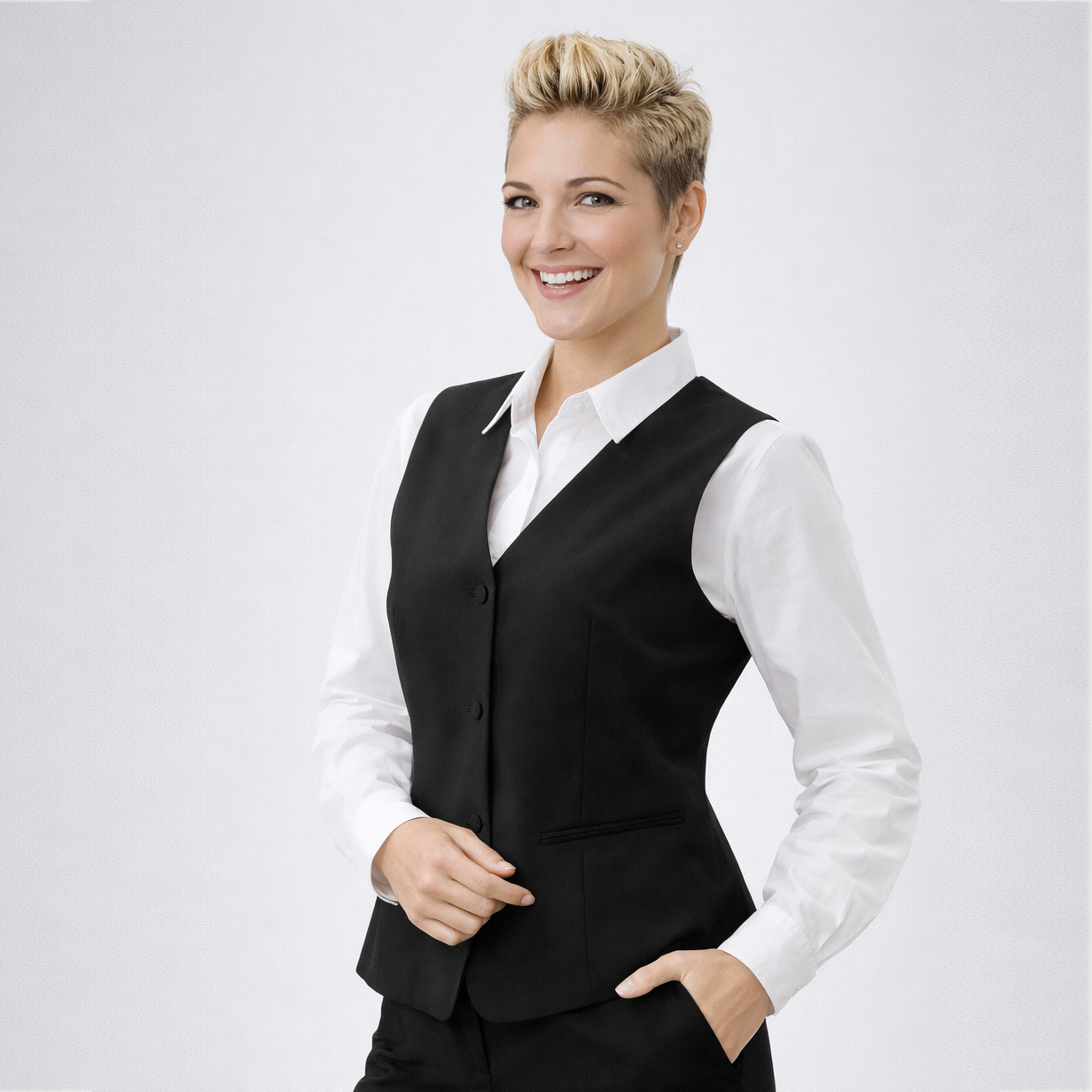 Bi-Stretch, knitterarm und waschbar,Taliert geschnitten.