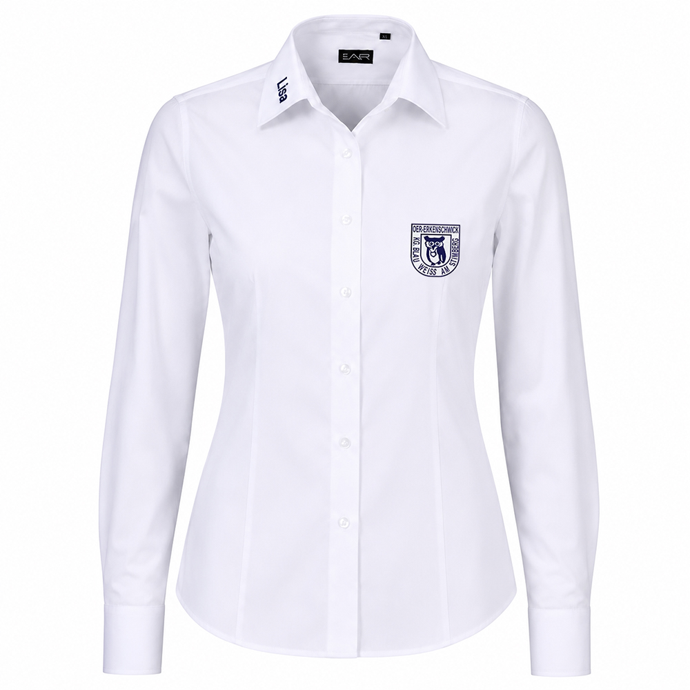Damen Bluse weiß langarm mit Namen- und Logostick