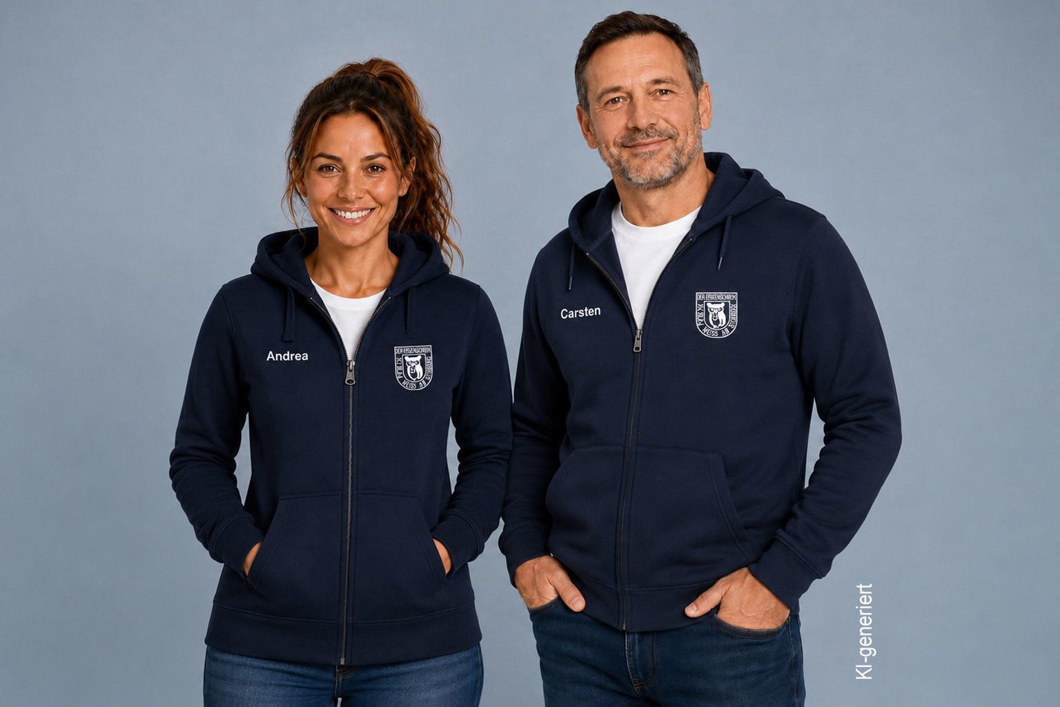 Unisex Sweatjacke navy mit Name und Logo 