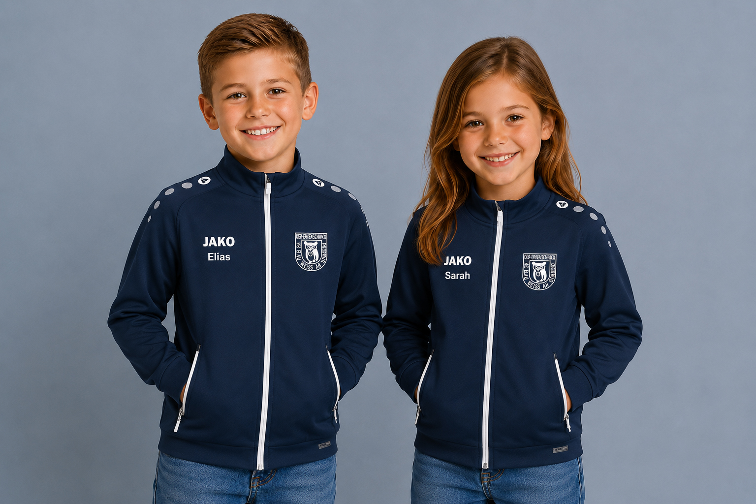 Kinder Trainingsjacke navy mit Druck Vereinslogo und Namen auf der Vorderseite